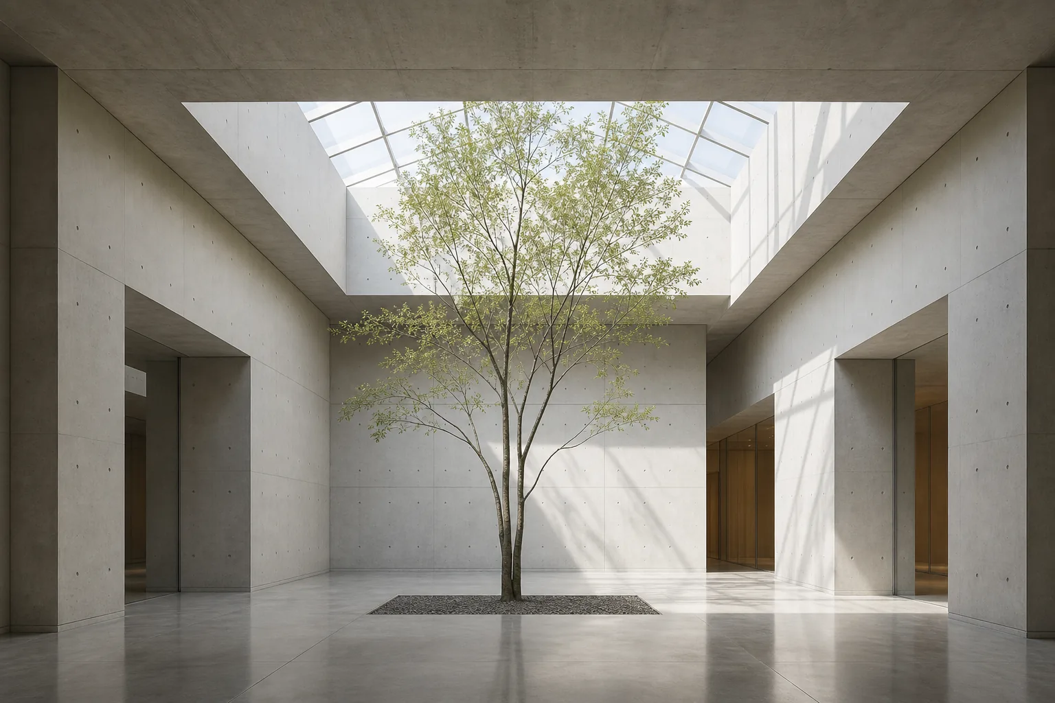 Atrium commercial avec structure paysagère intérieure