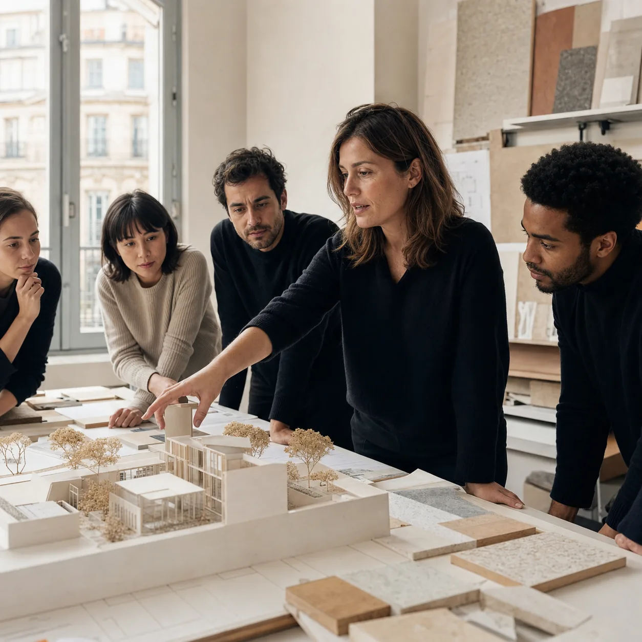 Équipe d'architectes Arko autour d'une maquette, dirigée par une femme architecte